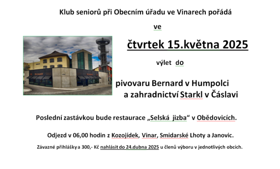 Klub seniorů při Obecním úřadu ve Vinarech pořádá výlet