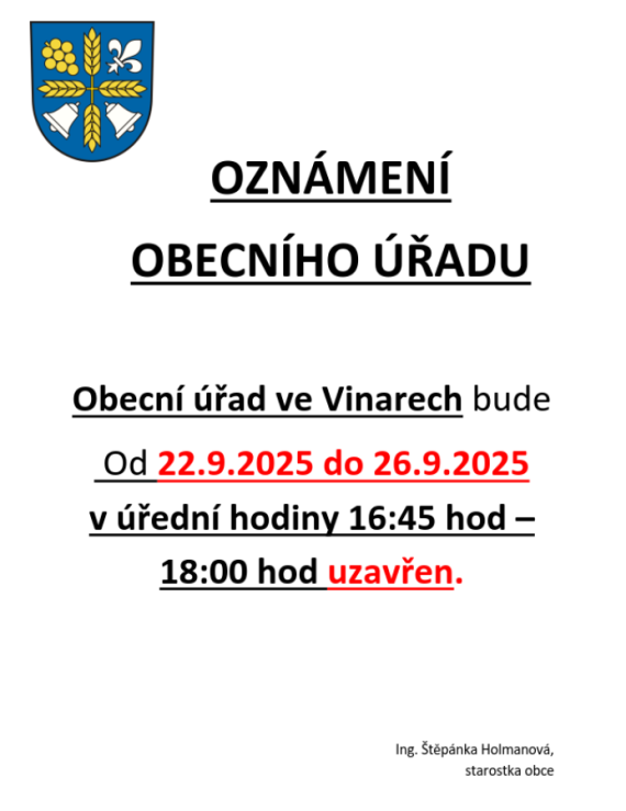 Uzavření Obecního úřadu ve Vinarech