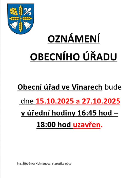 Uzavření Obecního úřadu dne 15.10.2025 a 27.10.2025