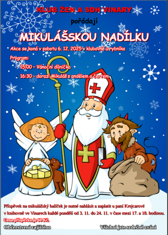 Klub žen a SDH Vinary pořádají Mikulášskou nadílku
