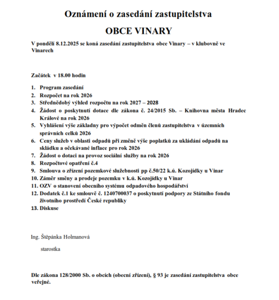 Zasedání zastupitelstva obce Vinary