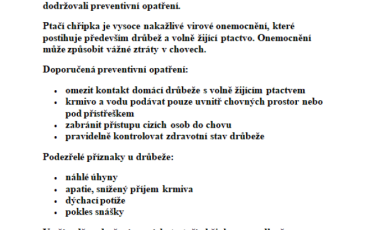 Upozornění pro občany na ptačí chřipku
