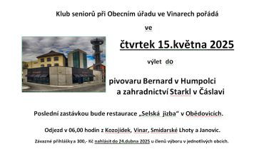 Klub seniorů při Obecním úřadu ve Vinarech pořádá výlet